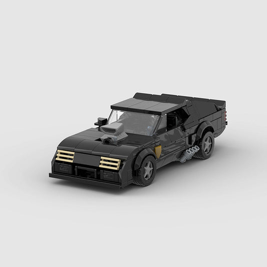 RevVBlox 1973 Ford Falco V8 Interceptor model from Mad Max featuring detailed vehicle with rugged design and metallic finish.