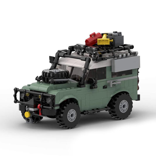 Green off-road LEGO SUV with roof rack, spare tire, and accessories on white background