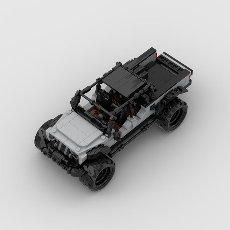RevvBlox Jeep Gladiator model assembled with detailed plastic building blocks, showcasing the rugged off-road vehicle design.