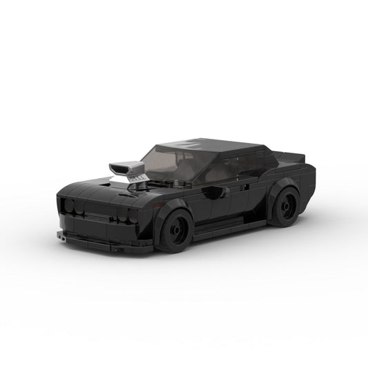 Black LEGO muscle car model with large hood scoop and tinted windows on white background