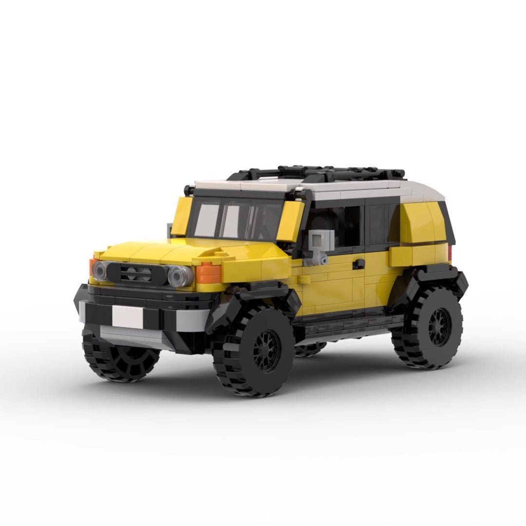Yellow and white Toyota FJ Cruiser model built from LEGO bricks on white background