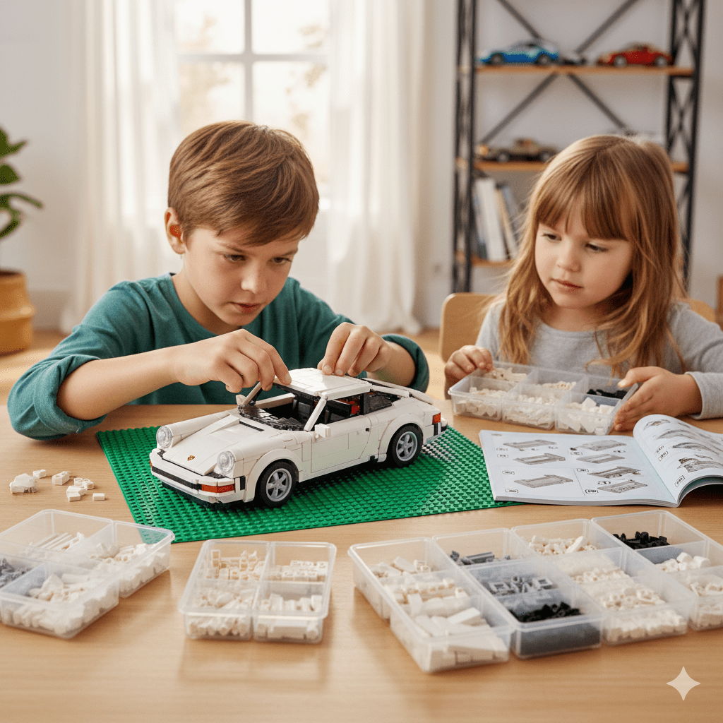 Two children assembling a detailed white LEGO sports car on a table with sorted bricks and instruction booklet