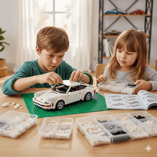 Two children assembling a detailed white LEGO sports car on a table with sorted bricks and instruction booklet