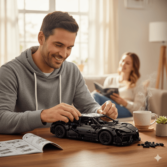 Man in gray hoodie assembling black model car at wooden table with instruction manual, woman reading in background
