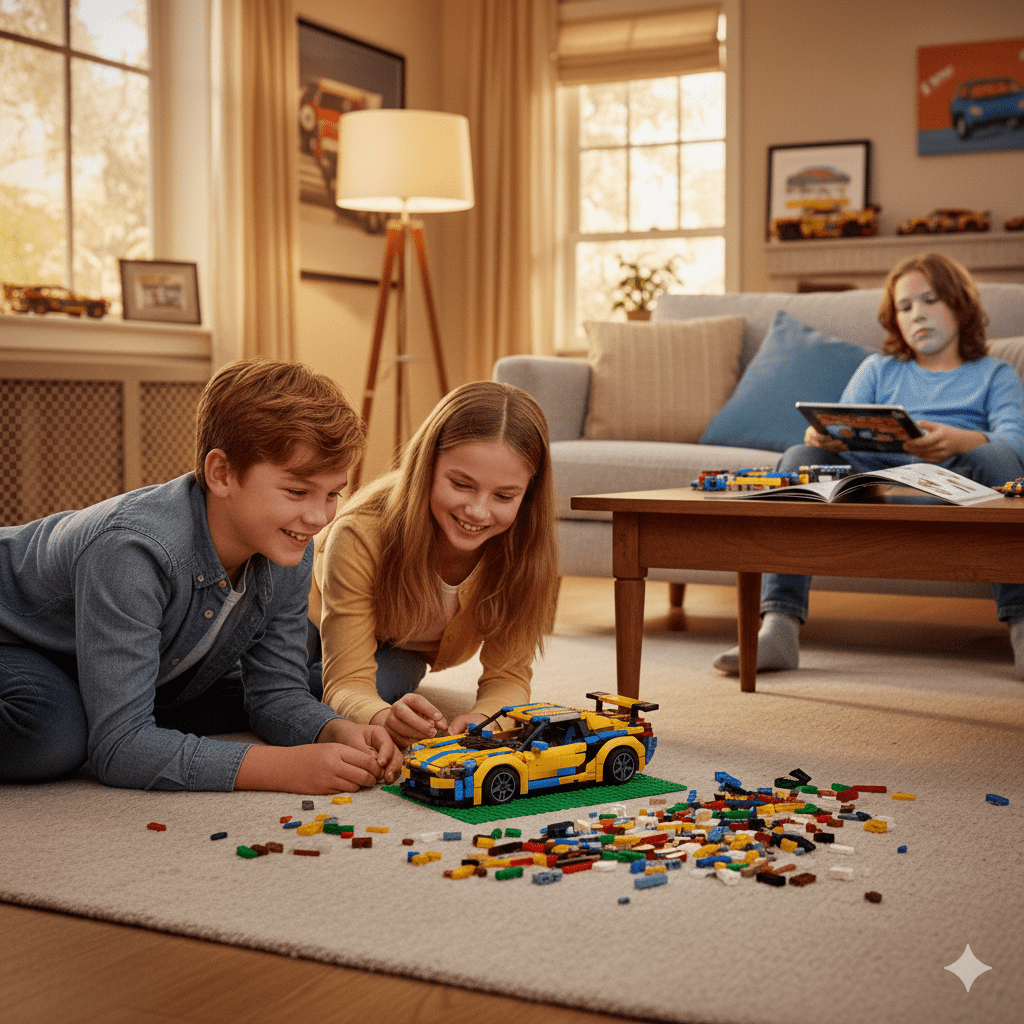 Two kids happily building a yellow toy car with LEGO blocks on a carpet while another child uses a tablet on a sofa