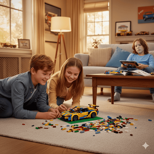 Two kids happily building a yellow toy car with LEGO blocks on a carpet while another child uses a tablet on a sofa
