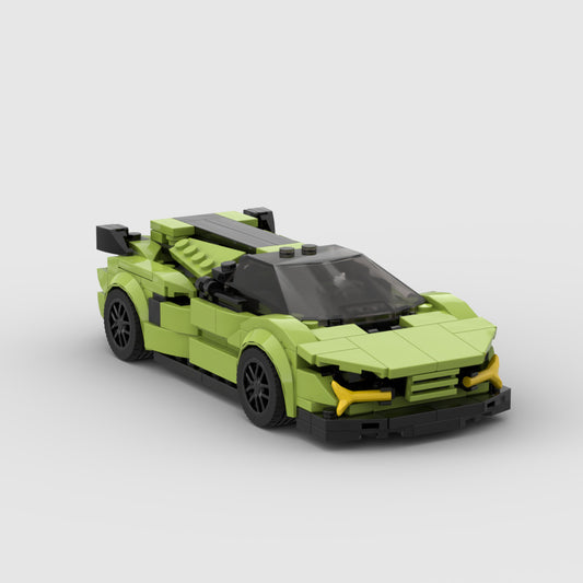 Green LEGO sports car model with black wheels and tinted windshield on white background