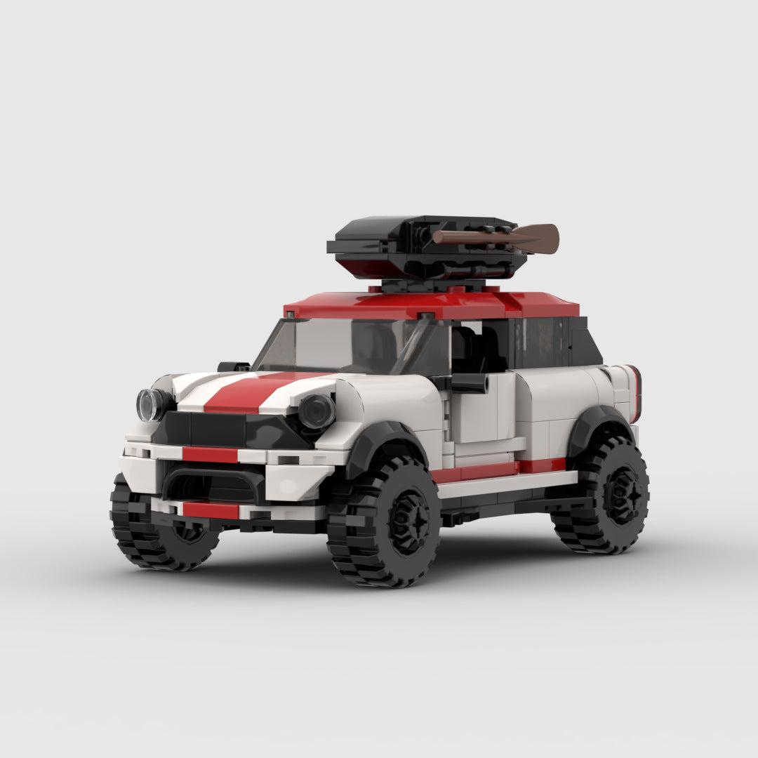LEGO style off-road vehicle with red and white body, black roof gun turret, and rugged tires