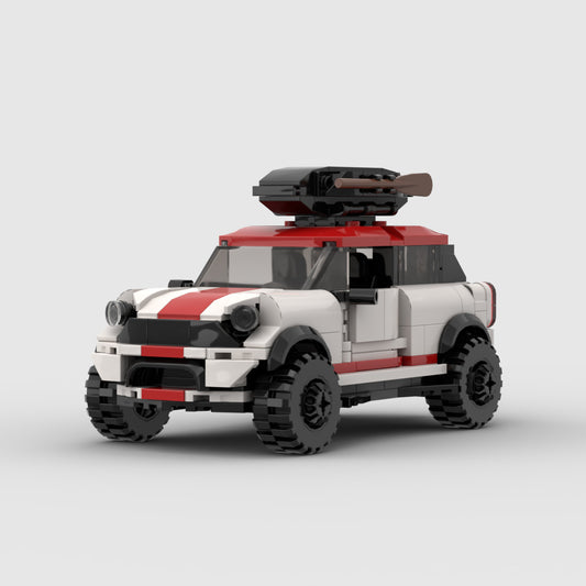 LEGO style off-road vehicle with red and white body, black roof gun turret, and rugged tires