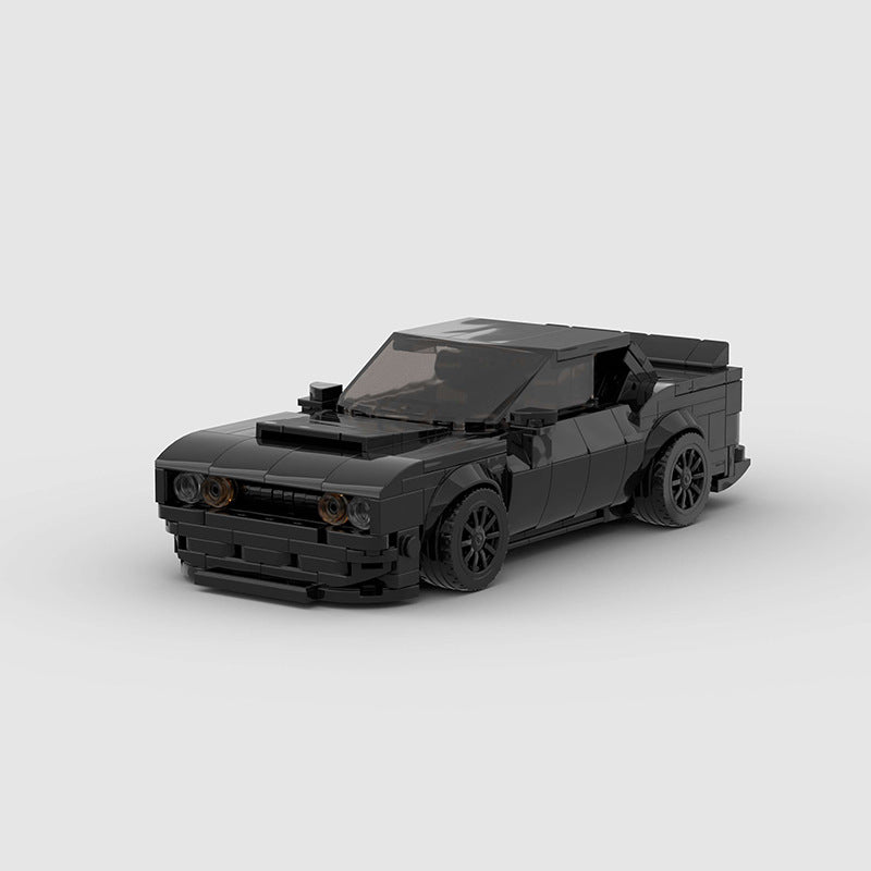 RevVBlox Dodge Hellcat toy car in black with detailed exterior, showcasing aggressive front grille and sporty design.