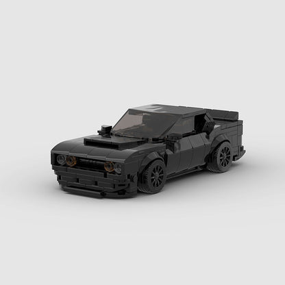 RevVBlox Dodge Hellcat toy car in black with detailed exterior, showcasing aggressive front grille and sporty design.