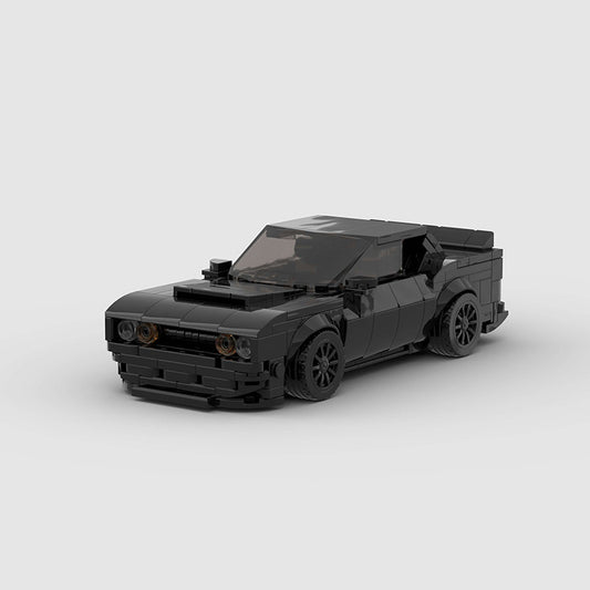 RevVBlox Dodge Hellcat toy car in black with detailed exterior, showcasing aggressive front grille and sporty design.