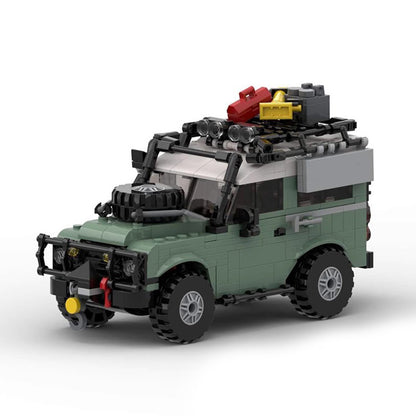 Green off-road LEGO SUV with roof rack, spare tire, and accessories on white background