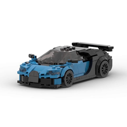 Blue and black LEGO model of a sports car with rear spoiler on white background