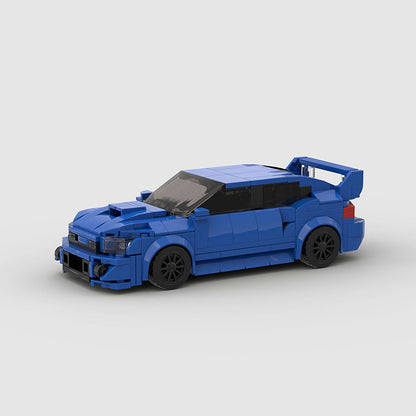 Red RevvBlox Sabaru Impreza model car with detailed exterior and realistic design, showcasing the collectible toy in a clear view.
