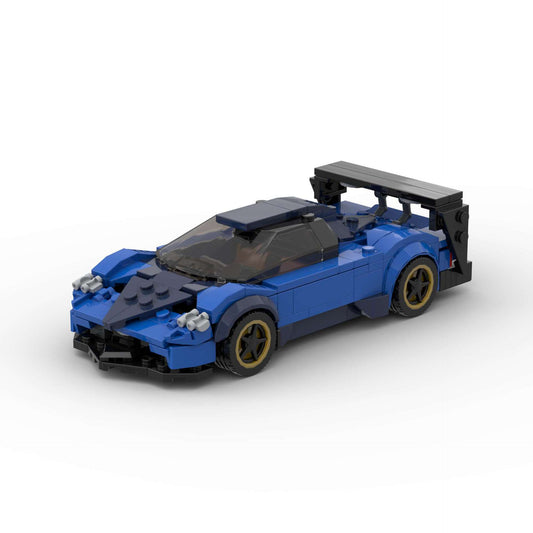 RevvBlox Pagani Zonda R model car with detailed blue and black design, showcasing realistic sports car features.