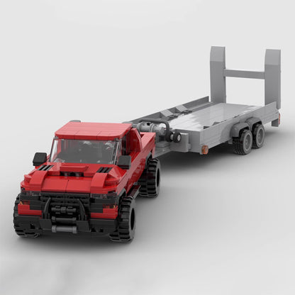 RevBlox Dodge Ram 1500 TRX pickup truck towing a trailer, showcasing detailed model and realistic design.