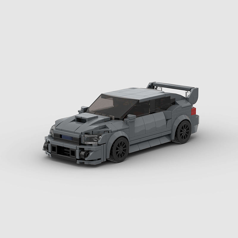 Red RevvBlox Subaru Impreza model car with detailed exterior and sleek design, showcasing a miniature version of the vehicle.
