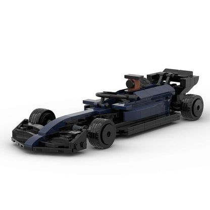 Black and dark blue LEGO model of a Formula 1 race car with aerodynamic design