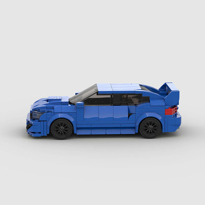 RevvBlox Sabaru Impreza model car in vibrant colors, detailed miniature replica with realistic design and branding details.