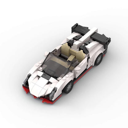 White and black LEGO sports car model with red accents and tan interior on white background