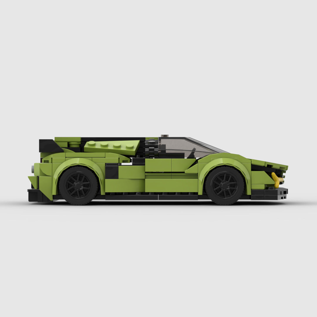 Green and black LEGO sports car model side view on white background