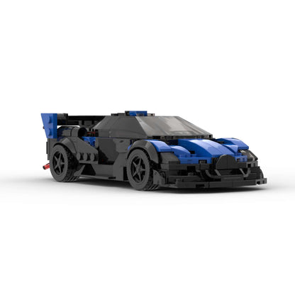RevVBlox Bugatti Bolide model car with detailed blue and black design, showcasing sleek aerodynamics and realistic features.