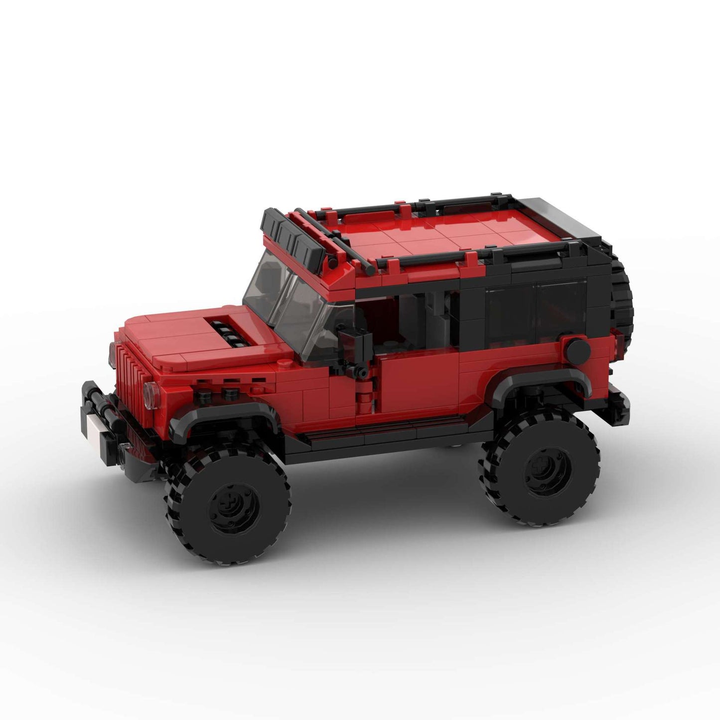 RevvBlox Jeep Wrangler toy with detailed black and red plastic exterior and realistic off-road design.