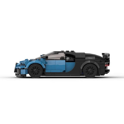 Blue and black LEGO sports car model with detailed wheels and spoiler on white background