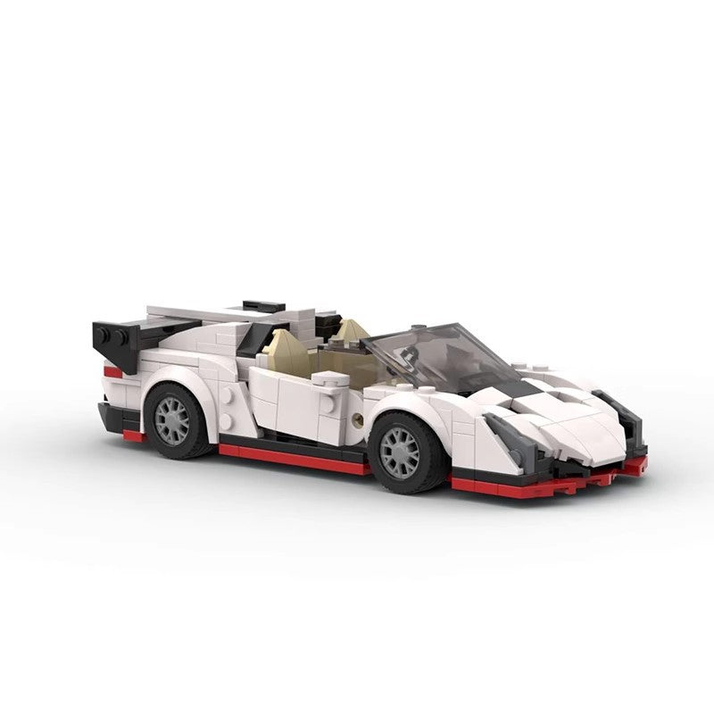 White sports car model built with LEGO bricks featuring black and red accents and an open roof