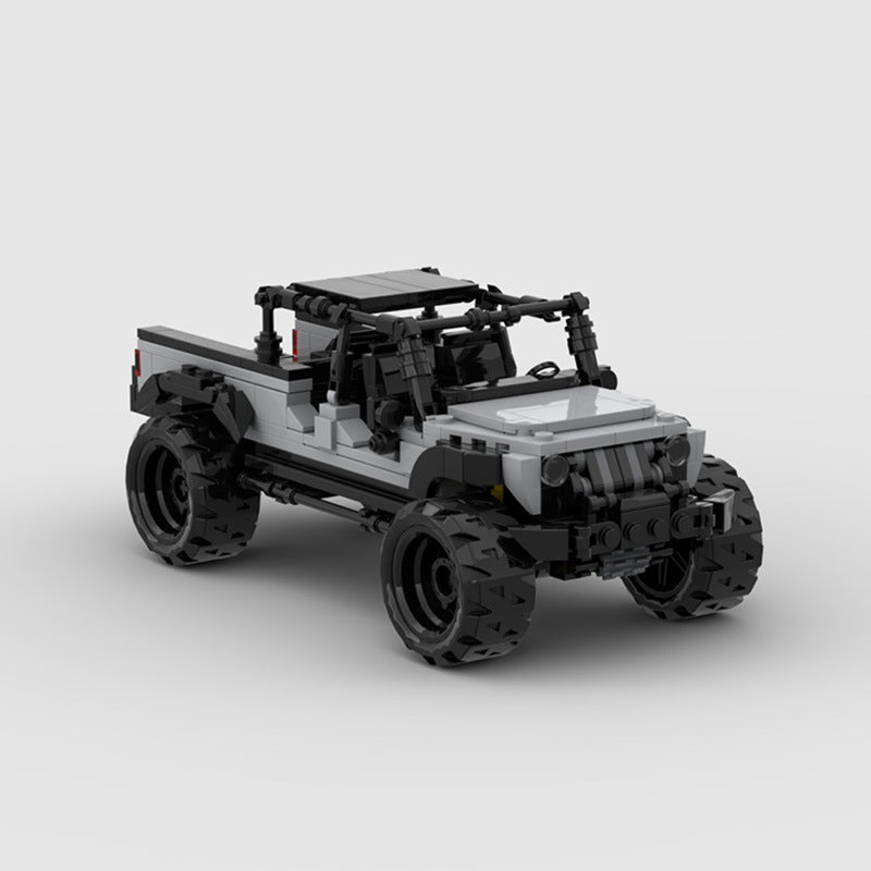 RevvBlox Jeep Gladiator model with detailed exterior, showcasing rugged design and off-road features in a realistic miniature.