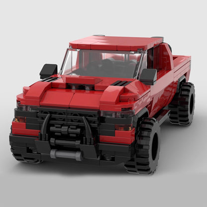 RevvBlox Dodge Ram 1500 TRX pickup truck towing a trailer, showcasing detailed model with realistic design and vibrant colors.