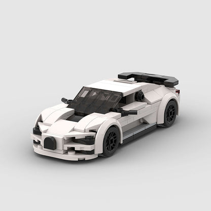RevvBlox Bugatti Chiron model toy car with detailed design and sleek blue finish on a white background.