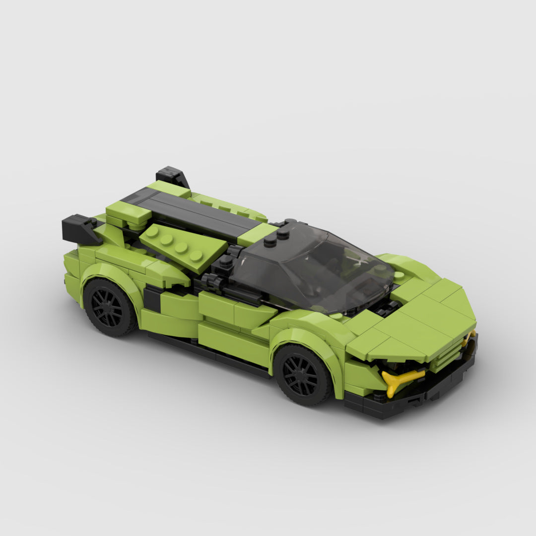 Green and black LEGO sports car model with transparent windshield and detailed design