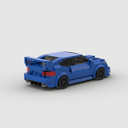 RevvBlox Sabaru Impreza diecast model car with detailed exterior in red, displayed on a neutral background.