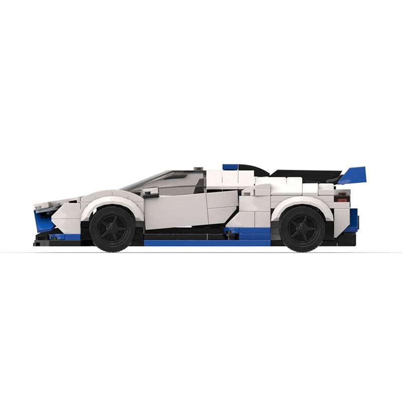 Side view of a white LEGO sports car model with black wheels and blue accents on a white background