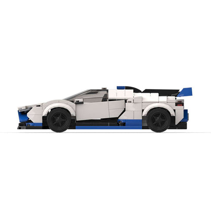 Side view of a white LEGO sports car model with black wheels and blue accents on a white background