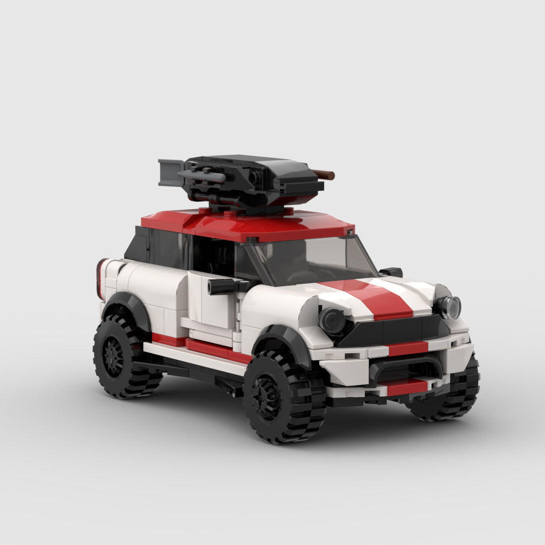 White and red LEGO off-road car with large black wheels and mounted roof weapon