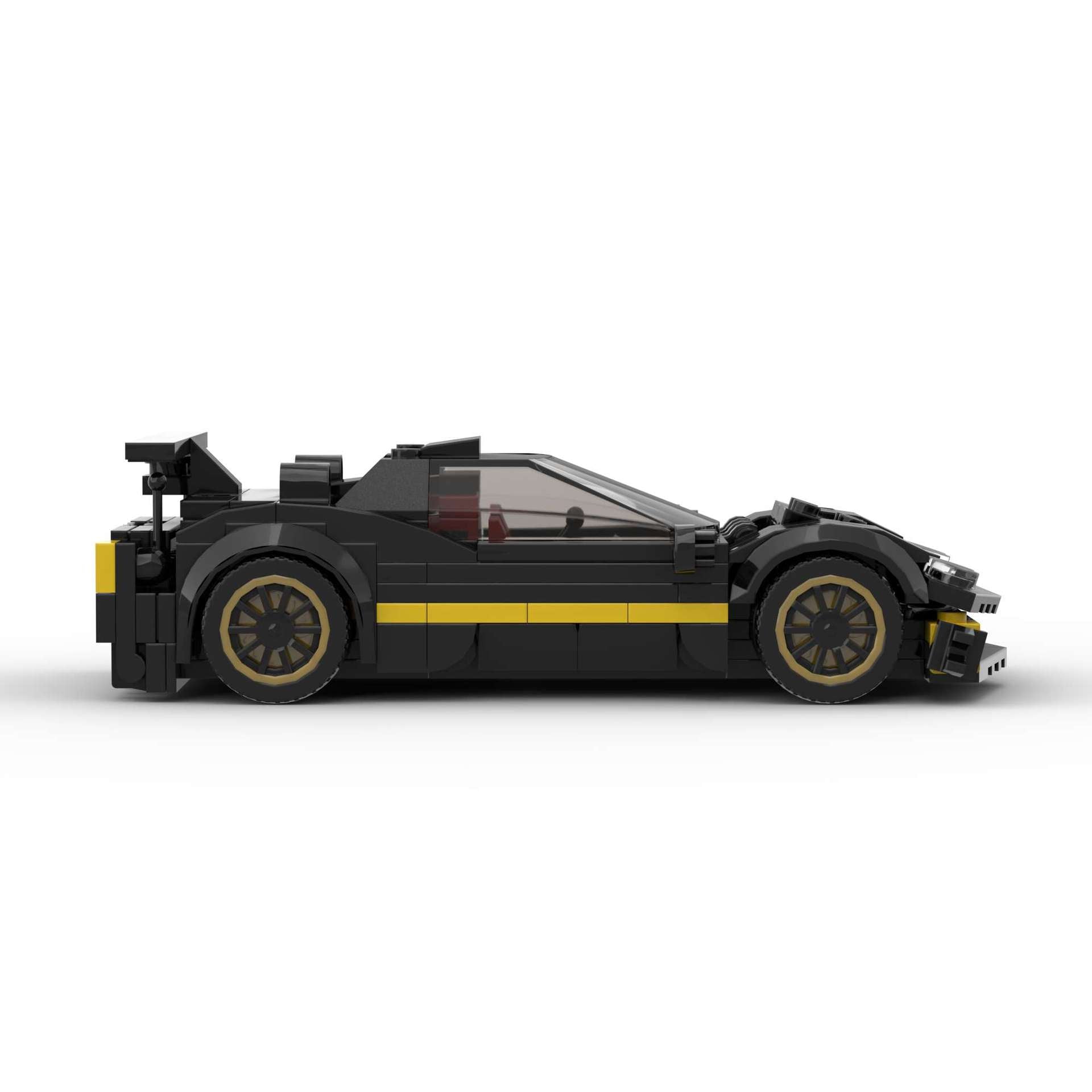 RevVBlox Pagani Zonda R model car with detailed red and black racing design, showcasing sleek aerodynamic features.