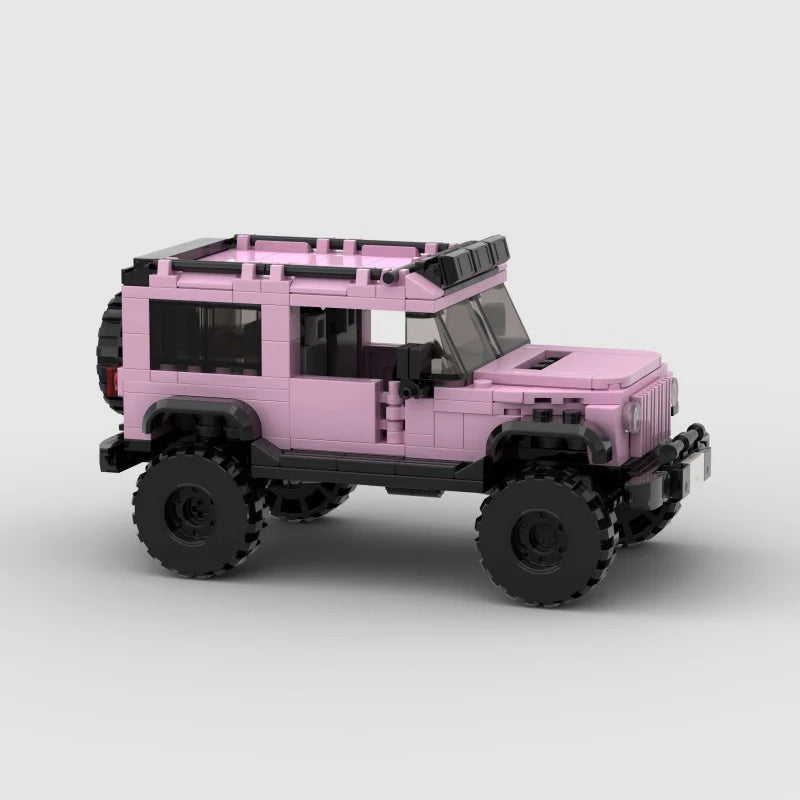 Pink edition Jeep Wrangler RevvBlox toy car with detailed exterior, showcasing rugged design and vibrant pink color.