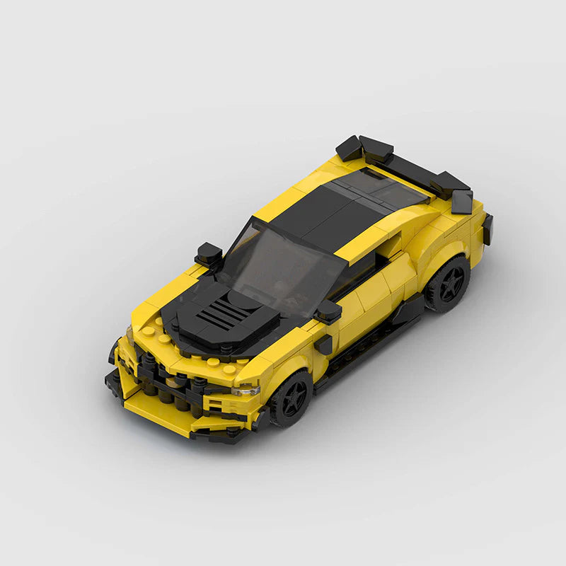 RevvBlox Chevrolet Camaro "Bumblebee" Transformers building block toy, detailed yellow and black model with Autobot insignia.