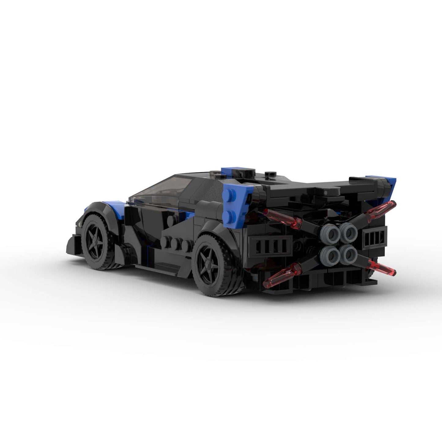 RevvBlox Bugatti Bolide model car in blue with detailed exterior and sleek racing design, displayed on a white background.