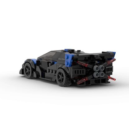 RevvBlox Bugatti Bolide model car in blue with detailed exterior and sleek racing design, displayed on a white background.