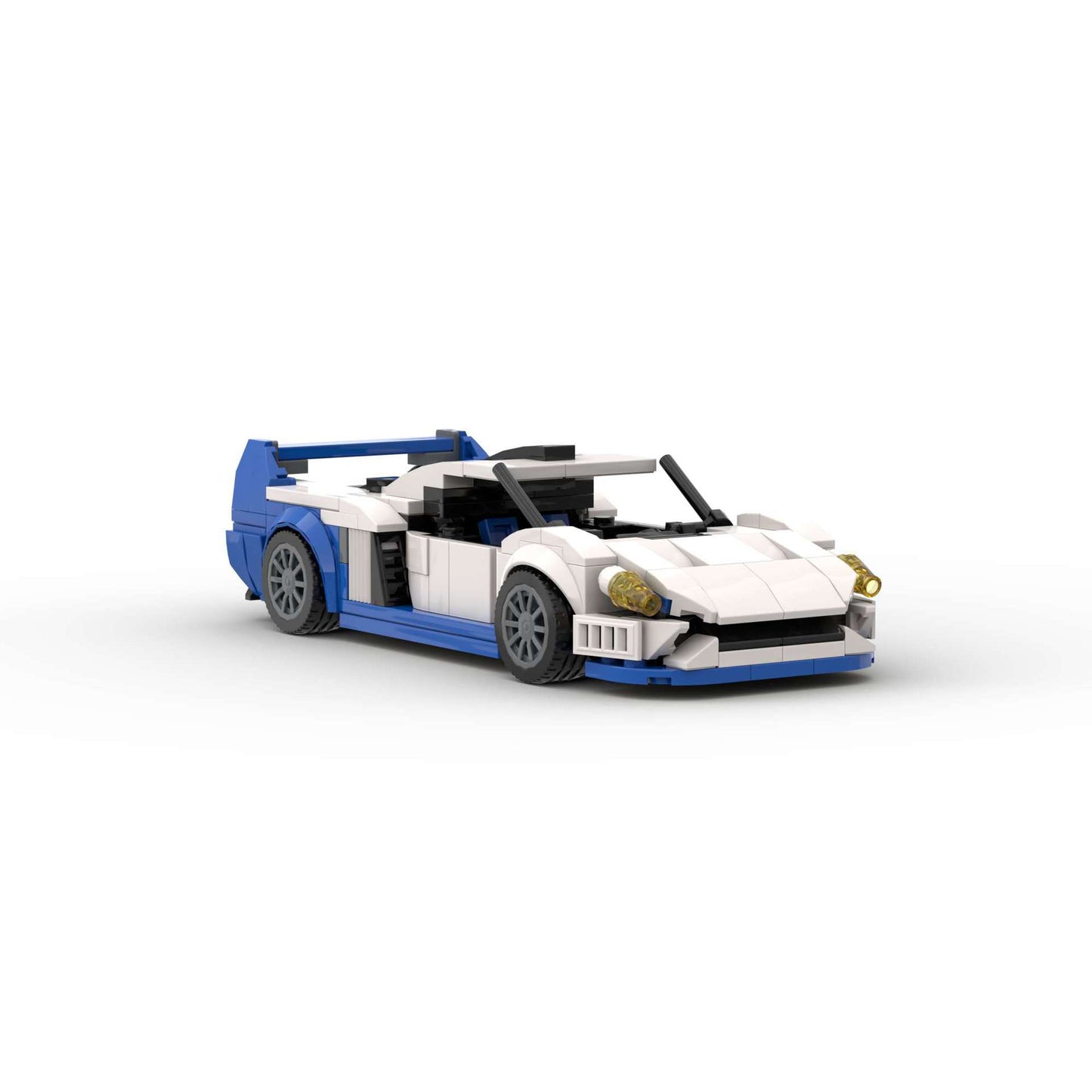 RevBlox Maserati MC12 model car with detailed blue and white design, showcasing realistic features and sleek sports car styling.