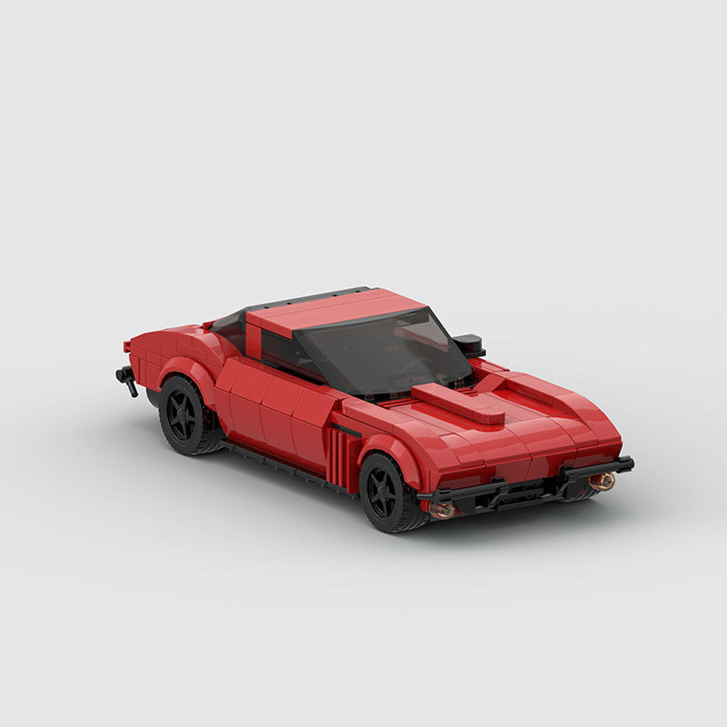 RevVBlox Corvette C2 Stingray model car with detailed red and black plastic construction, showcasing classic sports car features.