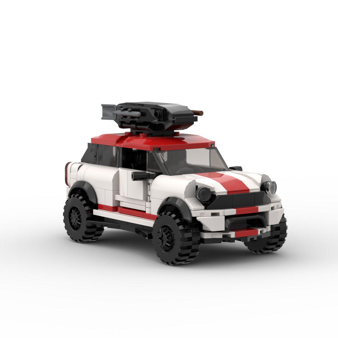 White and red toy off-road car with roof-mounted cannon on a white background