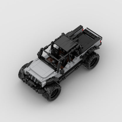 RevvBlox Jeep Gladiator model assembled with detailed plastic building blocks, showcasing the rugged off-road vehicle design.