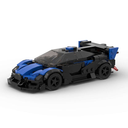 RevVBlox Bugatti Bolide model car in vibrant colors, detailed miniature replica showcasing aerodynamic design and intricate features.