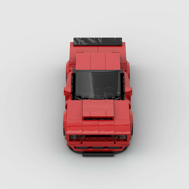 RevVBlox Dodge Hellcat toy model with detailed red and black design, showcasing the muscle car's aggressive front and sleek side profile.