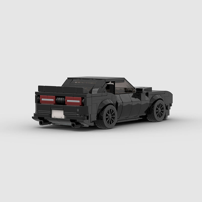 RevVBlox Dodge Hellcat model car in black with detailed exterior and racing design, showcasing realistic miniature features.